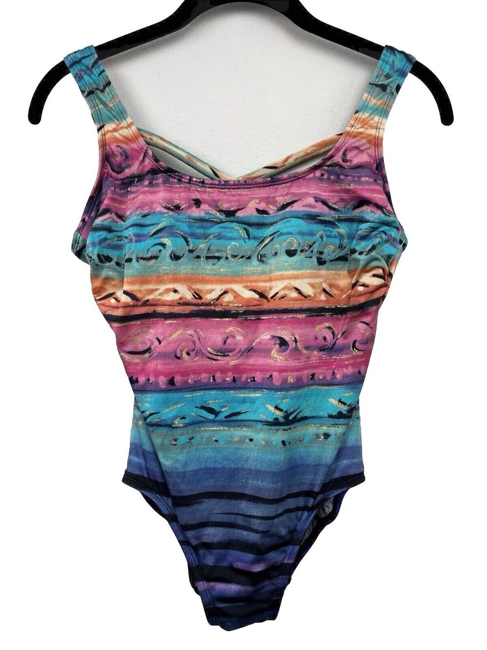 Vintage Robby Len Women’s Size 8 One Piece Swimsuit Criss Cross Back Multi Color